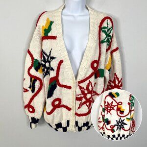Izod‎ Vintage NAUTICAL CHUNKY Cardigan Sweater Womens Sz M Old Money Hand Knit